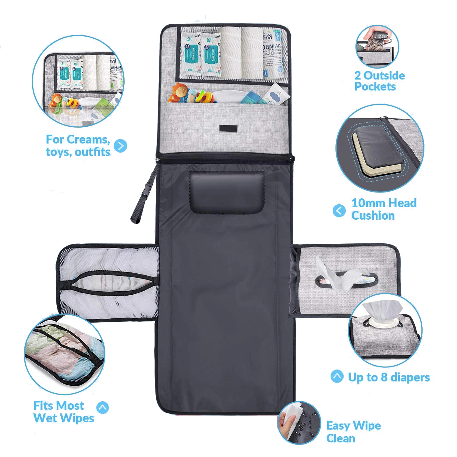 Portable tote small travel outdoor diaper waterproof disposable mummy daddy baby public with removable pouch changing pad mat