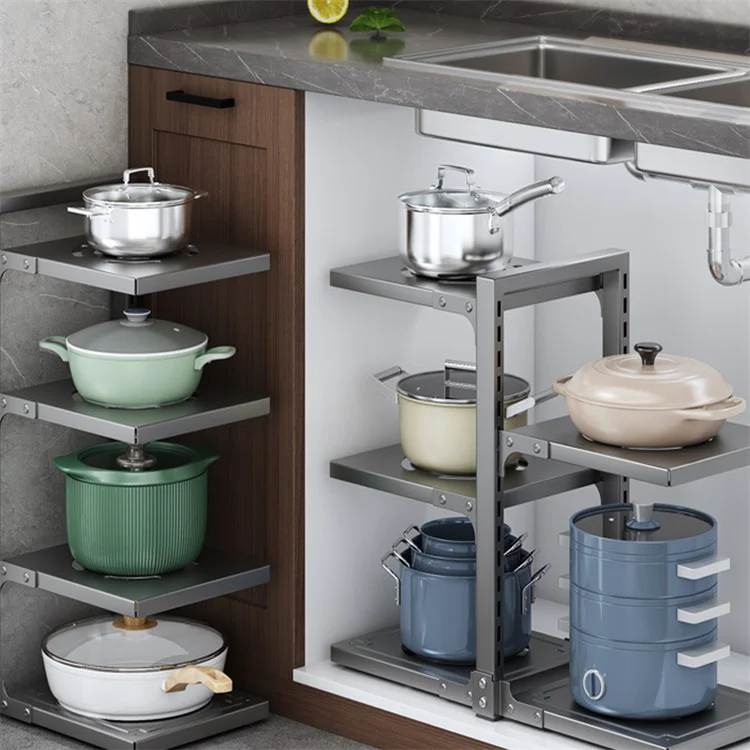 Pots and Pans Organizers for Cabinet Adjustable Pot Organizer Rack Under Cabinet Kitchen Cabinet Storage Organizer Multifunction