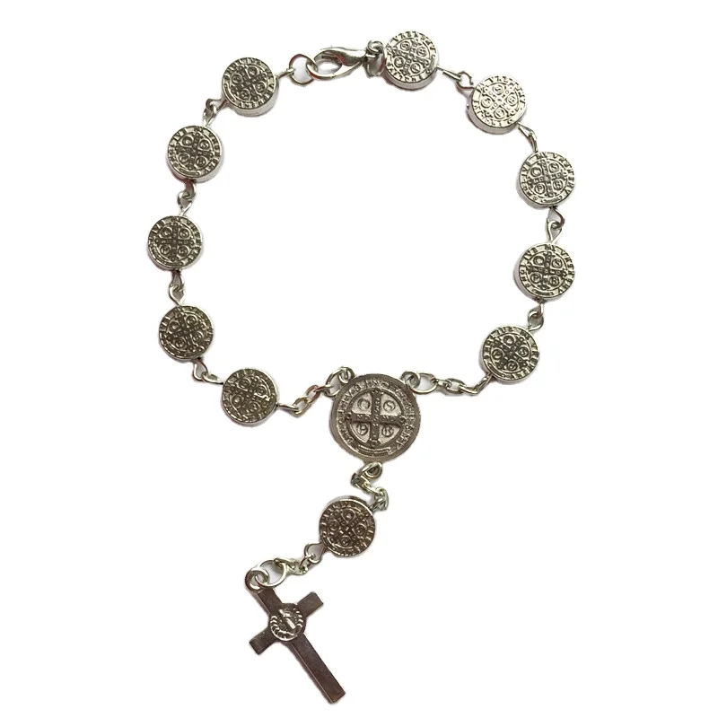 metal alloy round beads religious bracelets cathlolic benedict rosary bracelet