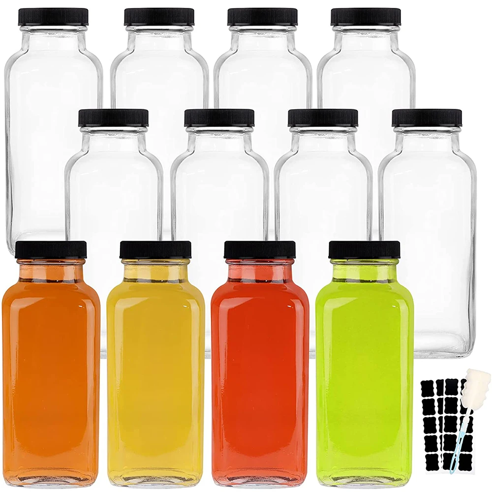 Free Sample Custom 2oz 4oz 8oz 16oz French Square Kombucha Juice Glass Bottles Packaging For Beverage With Plastic Screw Cap