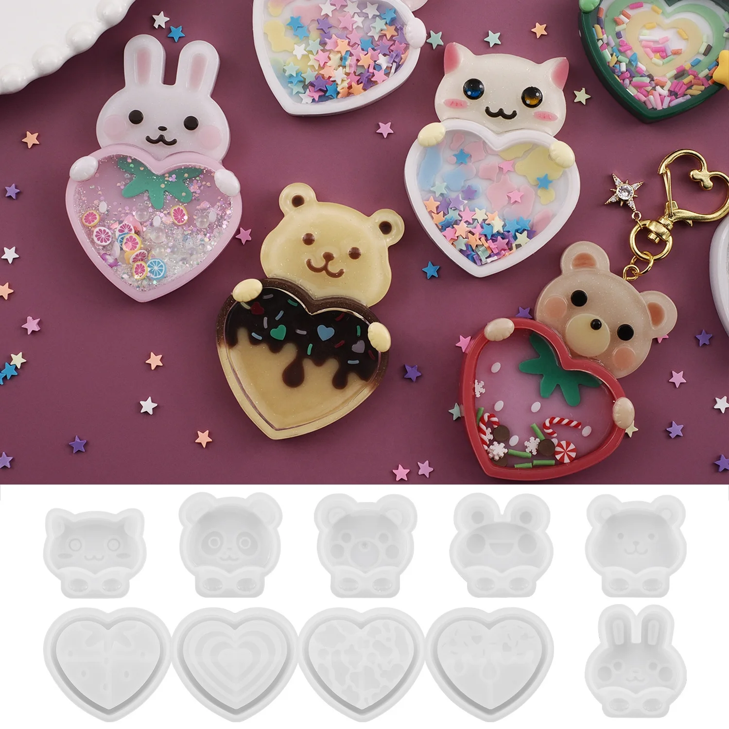 DM852 Animal Cat Rabbit Bear Frog Quicksand Box Epoxy Resin Silicone Mold Love Shaker Bottle Keychain Pendant Jewelry Mould
