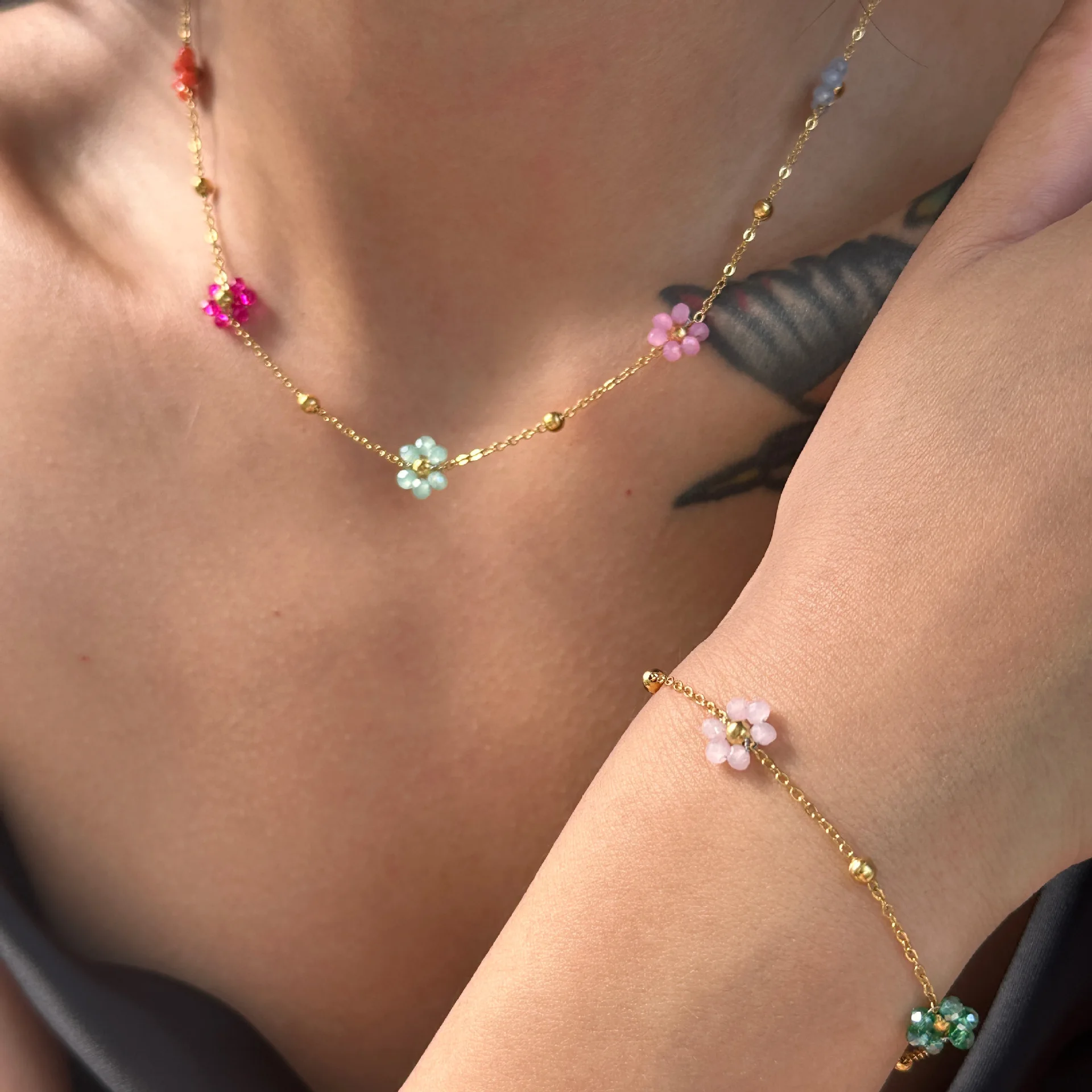 Stainless steel Colorful Pink Pearl Beaded Bracelet Necklace Daisy Flower Beads Anklet Body Belly Waist Chain Jewelry Set