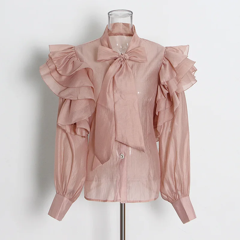 new arrival ladies blouse sashes collar falbala organza blouse for women