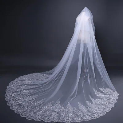 
3.8*3m Cover Face Muslim Wedding Veils Wholesale Cathedral Veil White Lace Trim Long Bridal Veil 