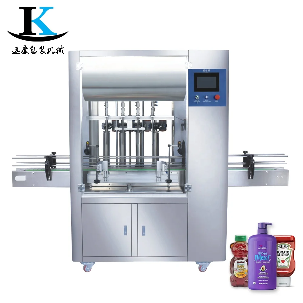 YK Four Head with Dust Cover Automatic Paste Gas Honey Cream Oil Soft Drink Beverage Water Bottle Filling Machine 0.4-0.6mpa 2m