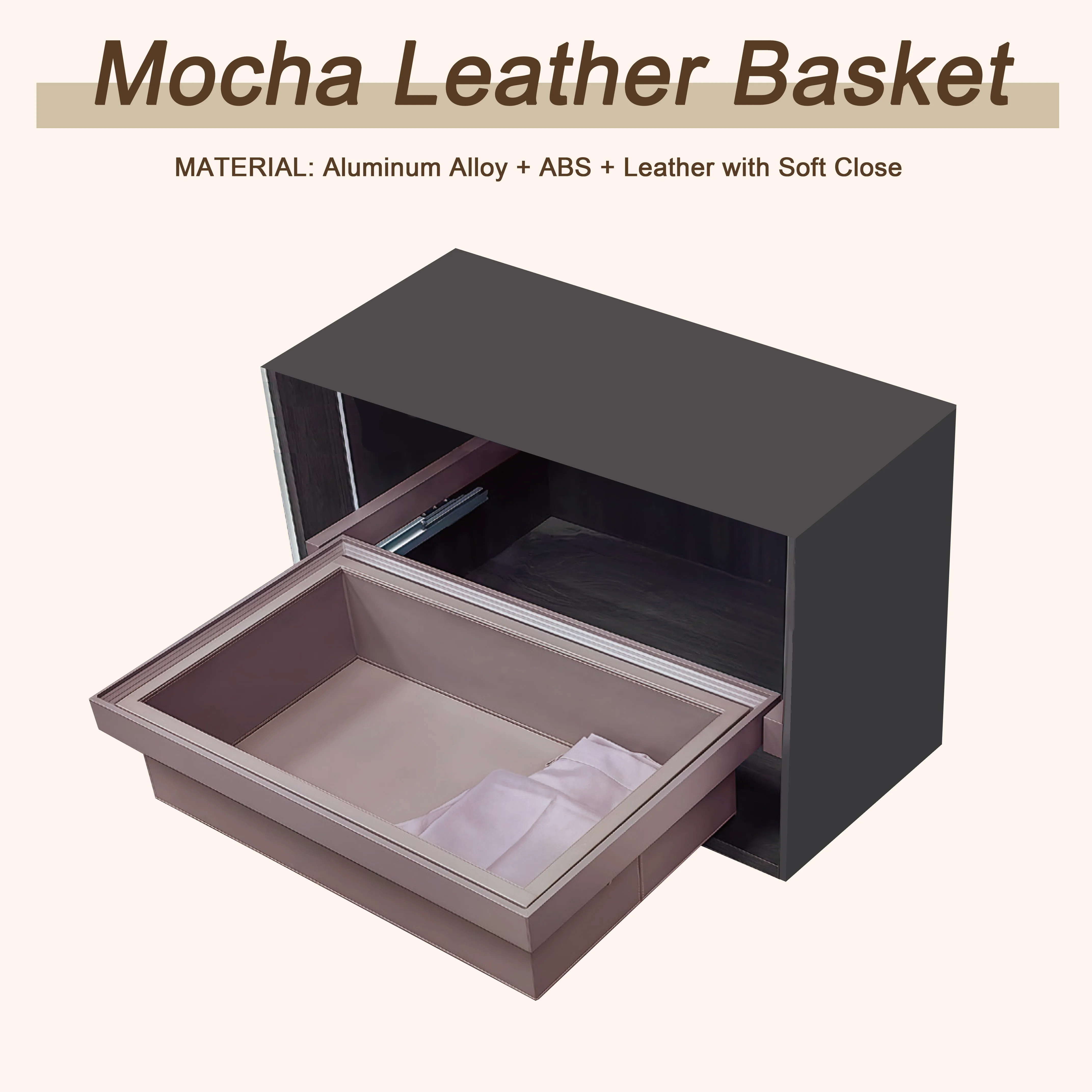 Wardrobe Clothes Organizer Aluminum Frame Drawer with Soft Close Shoe Shelves Luxury Mocha Sliding Out Leather Basket
