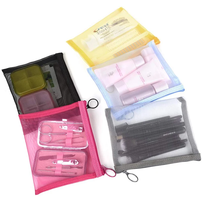 Multicolor Nylon Mesh Zipper Bag Portable Travel Clutch Mesh Cosmetic Bag Lady Makeup Bag
