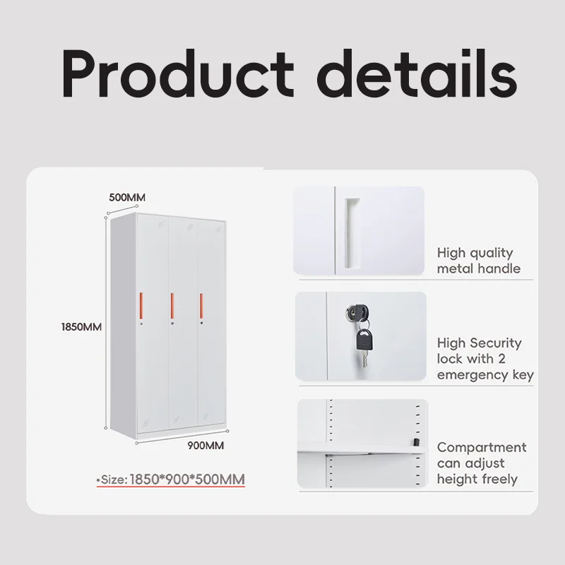 white three doors closet for clothes storage filing cabinet for hotel hospital metal steel wardrobe cupboard for bedroom