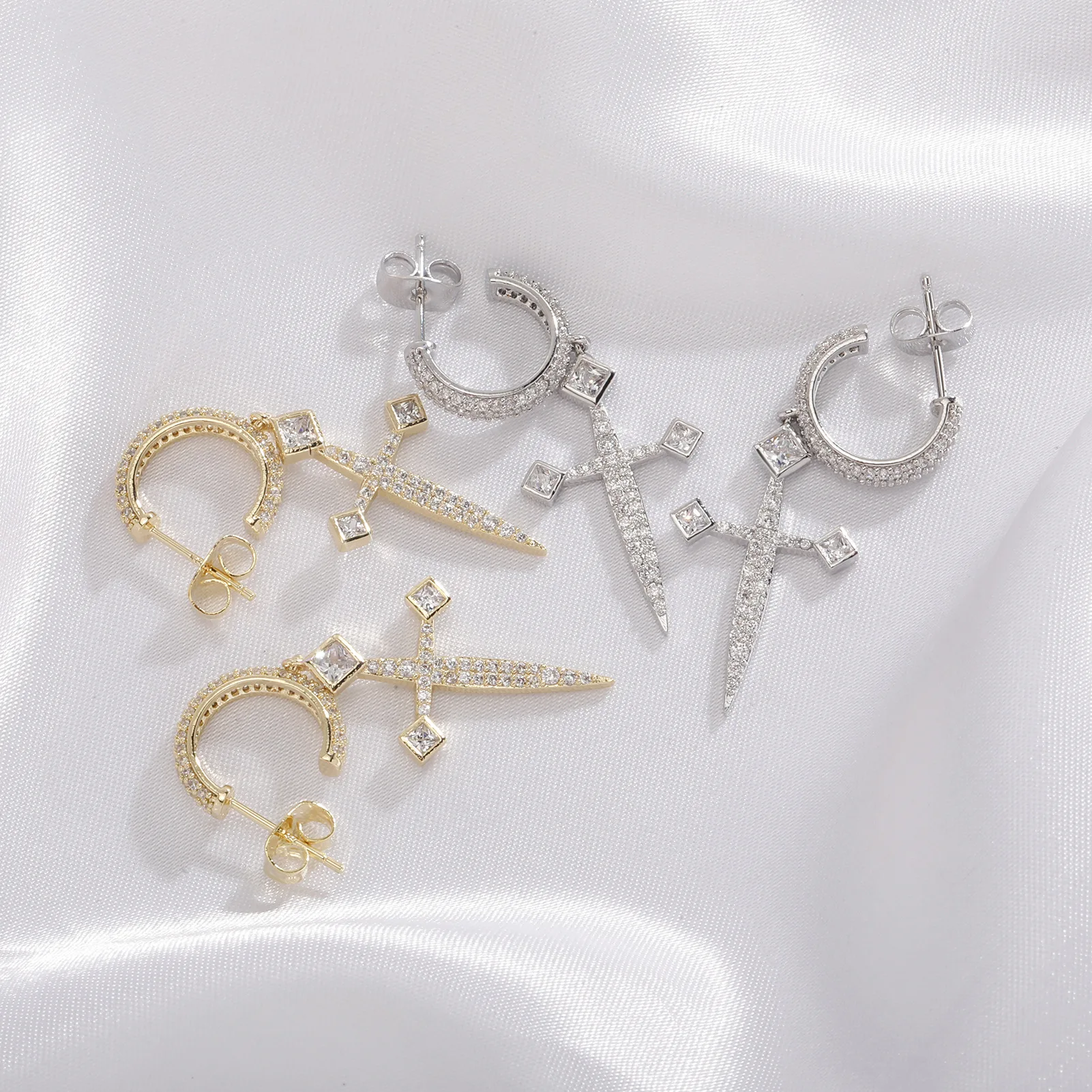 Unisex Hip Hop Dangle Earrings: Bling Ice Out Sword Cross - Rapper Jewelry