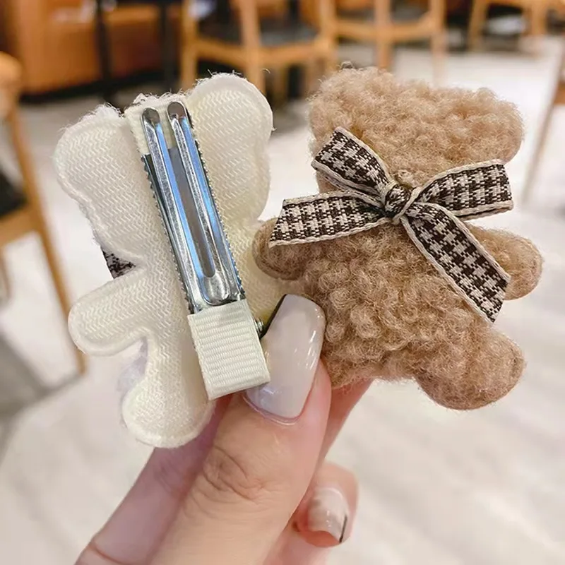 Korean plush bear hairpin Lovely simple side clip girl hairpin hair clip set kids hair accessories