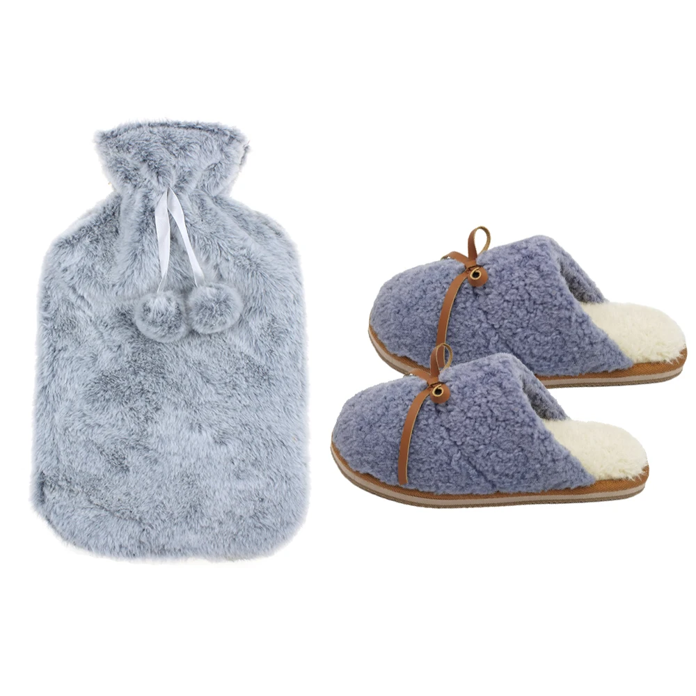 Gift set hot water bottle rubber faux fur hot water bag cover and plush slipper