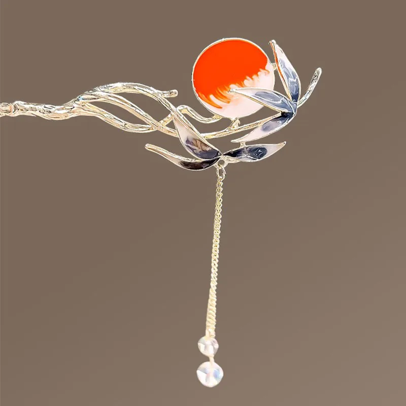 Sunset Crane Tassel Metal Hair Sticks Ancient Style Hairpin Chinese Hanfu Accessories Step Shake Pan Hair Chopsticks for Women