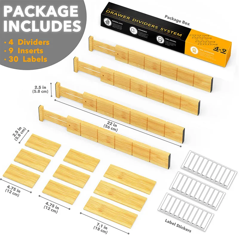 Bamboo Adjustable Drawer Dividers With Inserts And Labels