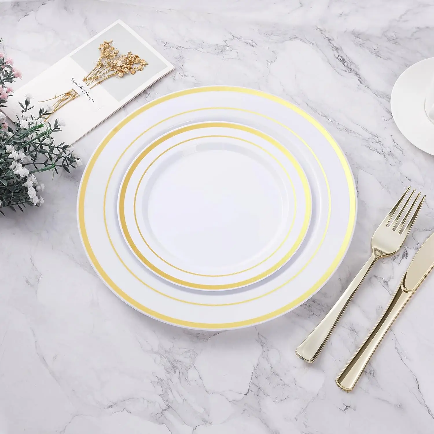 Luxury Gold silver rim white dessert plate dinnerware reusable melamine plates unbreakable serving dish golden plate