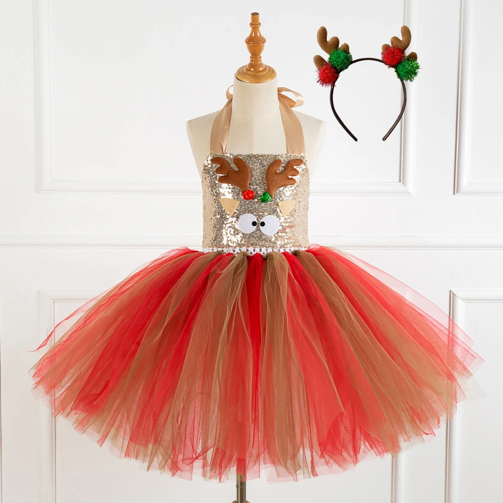 Kids Christmas Elk Reindeer Antlers Headband  Sequin Party Dress Tutu Prom Pageant Dresses SX-HD93422-93426