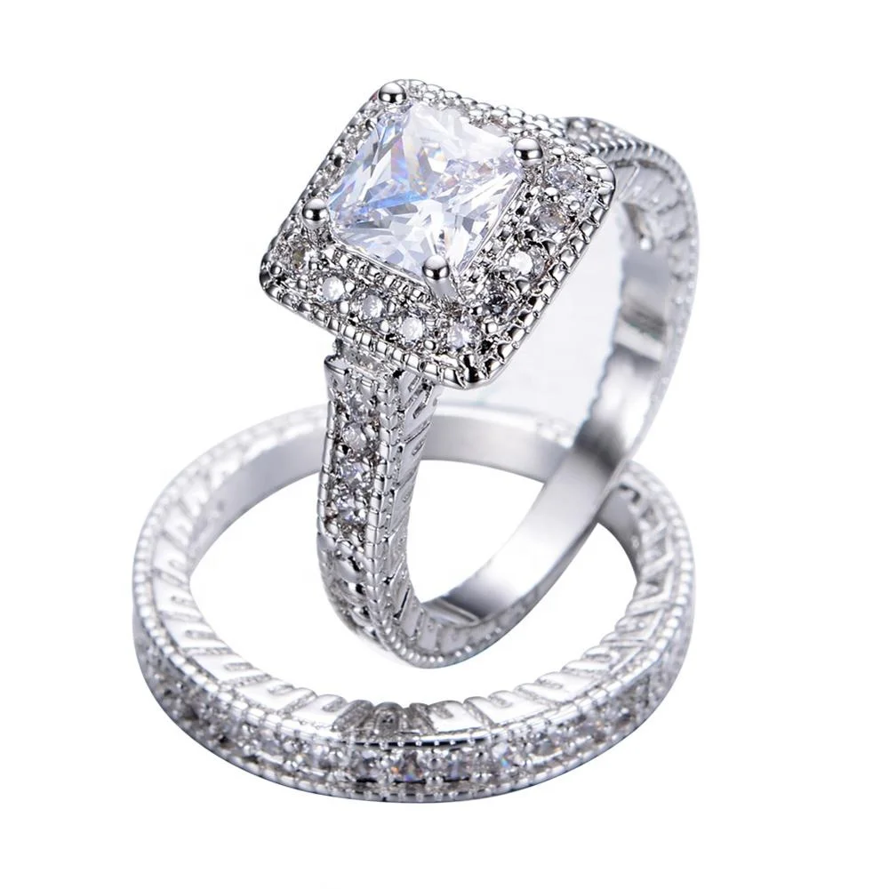 Wedding ring set fashion 10KT white square diamond ring set
