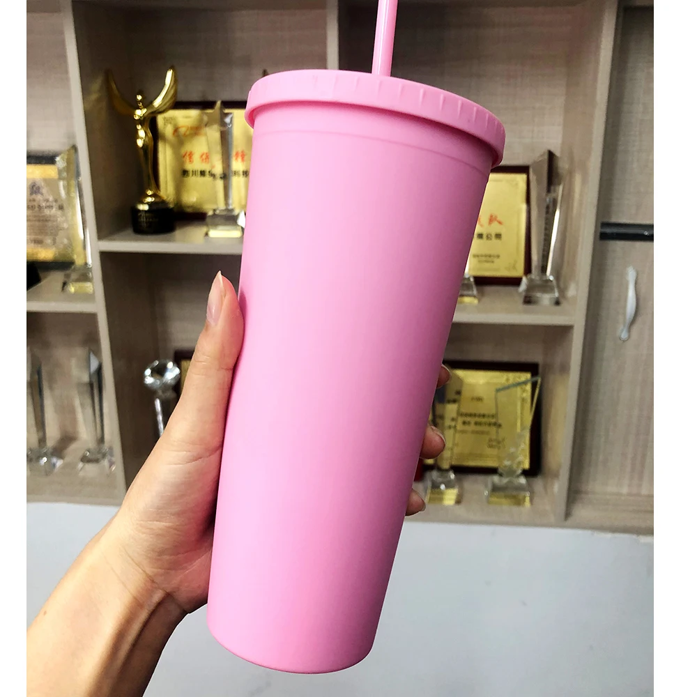 BPA free 2020 new Acrylic Sippy cup matte style  beverage water bottle plastic mug multiple colors available with lid and straw