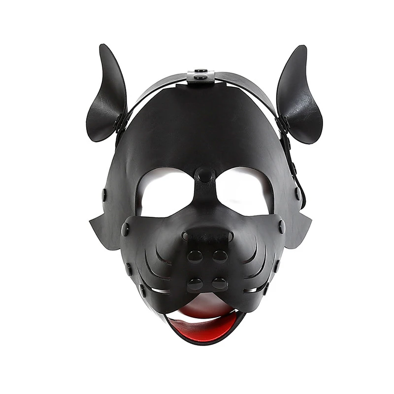 Black mask with cocked nose and red tongue removing dog headgear SM binding props