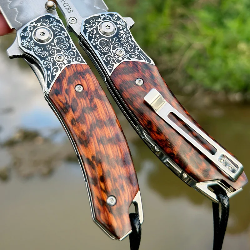 Pocket Knife damascus steel blade and solidified stable wood Handle for Outdoor Tactical Survival