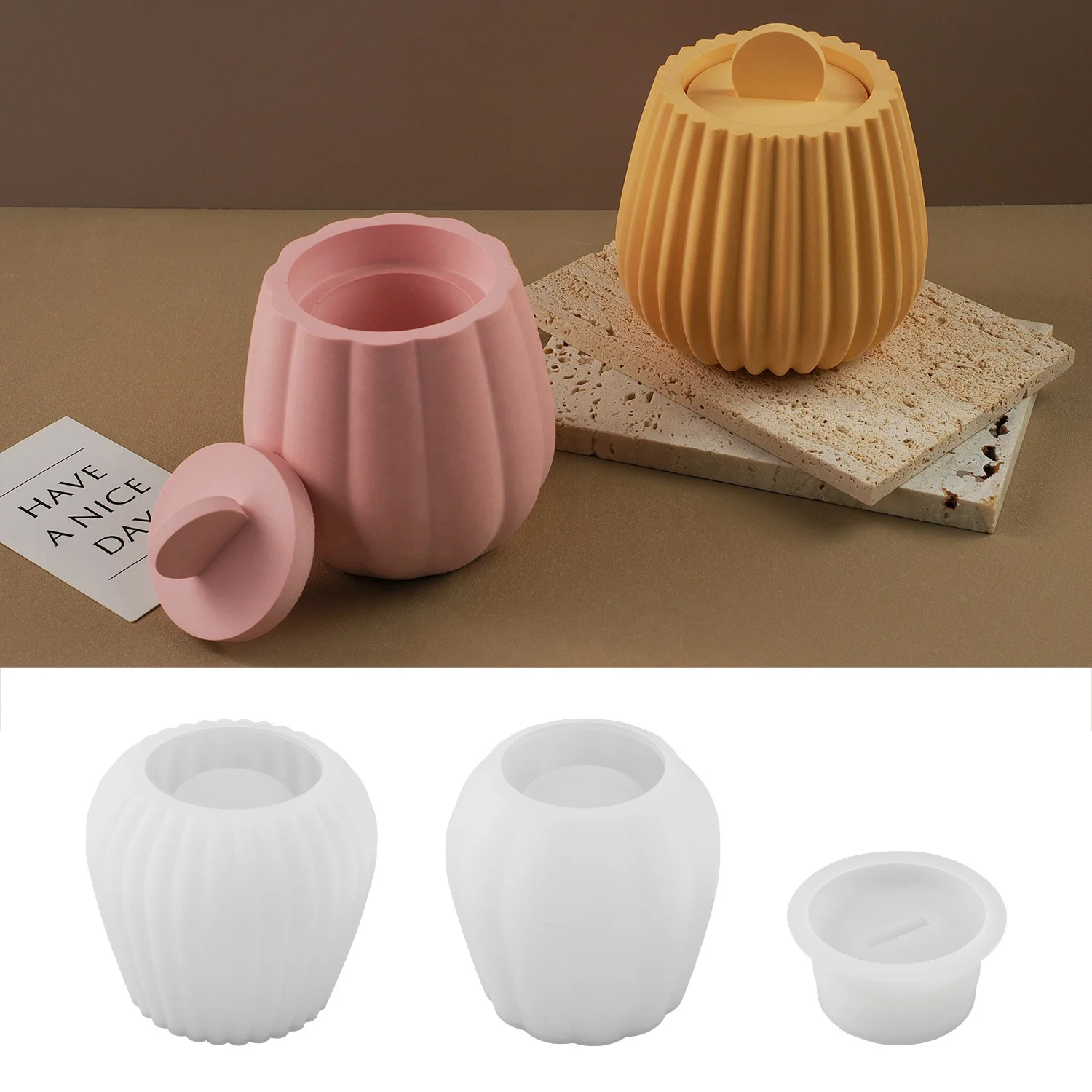 CARATTE Striped Candle Jar Pot Mold with Lid Concrete Cement Jar Silicone Mold for Wax Candle Making