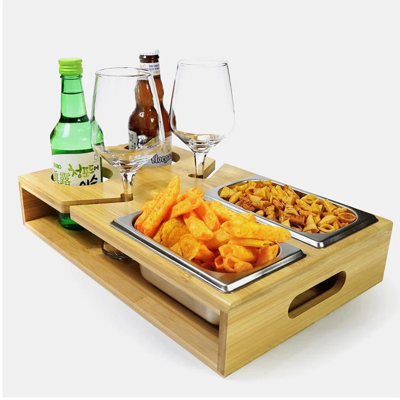 BSCI Factory Custom Couch Snack Tray With Glasses Holder And Stainless Steel Pans Home Serving Tray Bamboo Food Tray