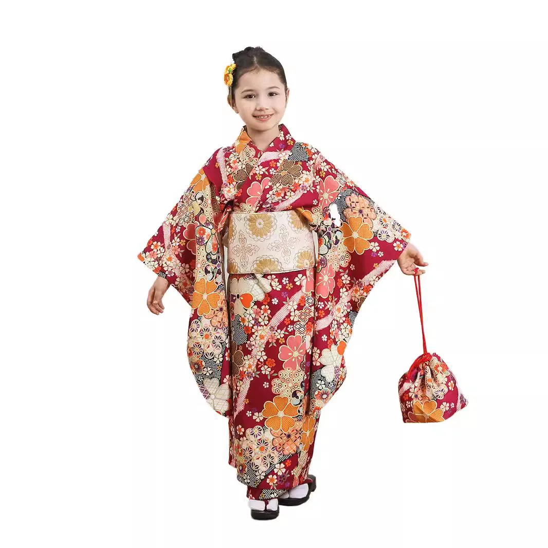 Traditional Japanese kimono Dark Red Yukata Feeling Clothes With Obi Halloween Cosplay Girls Dress