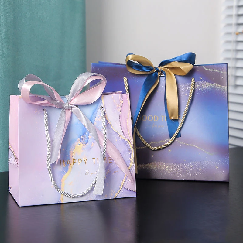 Custom Logo Luxury Purple Pink Matte Printing High Quality Fashion Women Shopping Gift Handbag Tote Bag With Ribbon Bow