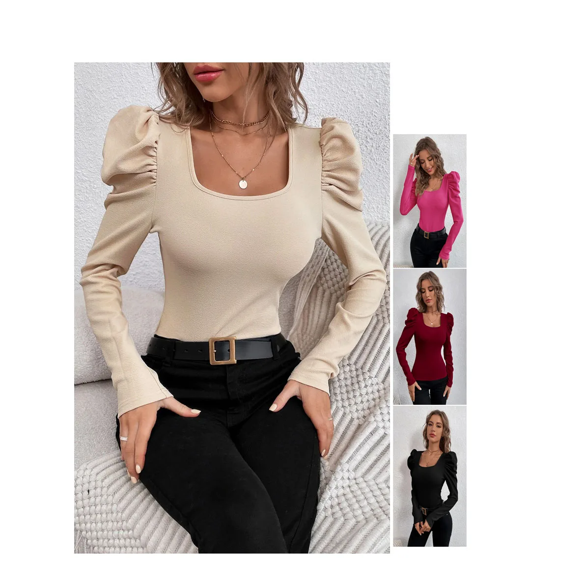 W3612 Women Ladies Long Puff Sleeve Blouse Spring Fall Fashion Elegant Shirts Top Square Neck Solid Color Female Blusas Top