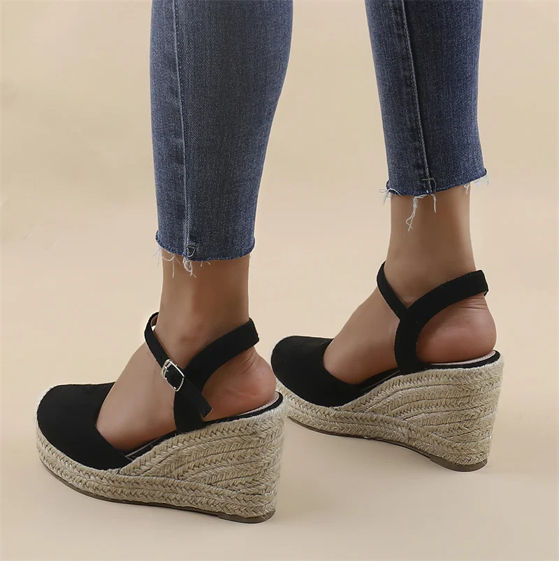 Hot Selling Wedge Sandals Cap Toe Ankle Strap with Buckle, Slingback Summer Platform Shoes Womens Espadrilles Alpargata Esparto