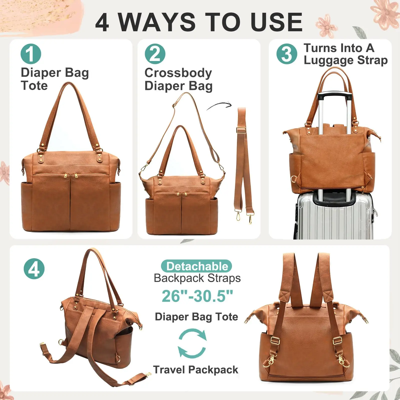 Custom Large Convertible Mommy Tote Bag PU Leather Diaper Bag Insulated Compartments Baby Mommy Backpack