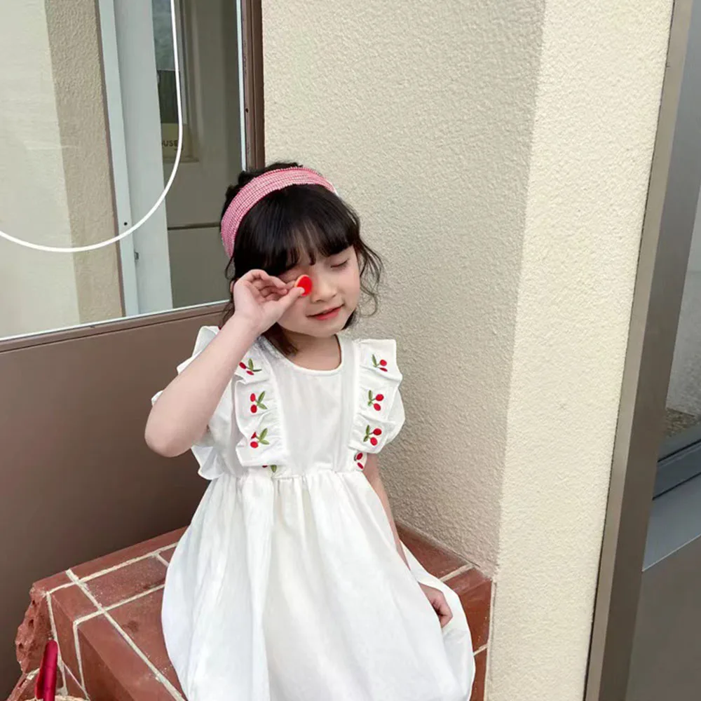 Bear Leader Korea Girls Summer Dress Cherry Embroidery Princess Dresses Flying Sleeve Children Casual Clothes Baby Girl Costume