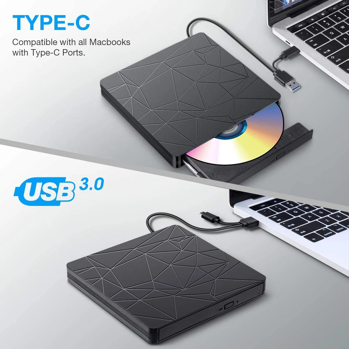 External CD/DVD Drive for Laptop USB-C & USB 3.0 CD/DVD ROM Drive Reader Writer Burner Compatible with Laptop PC MacBook Mac