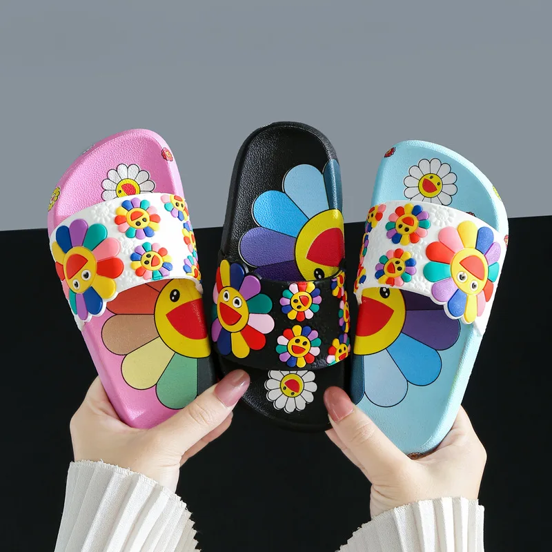 Лидер продаж, Летние Симпатичные и модные мягкие Нескользящие тапочки для детей среднего и маленького возраста с подсолнухами