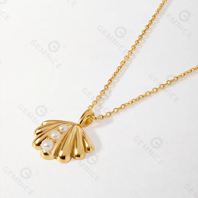 Gemnel hot selling 925 sterling silver 18k gold ocean shell pearl ammonites charm necklace