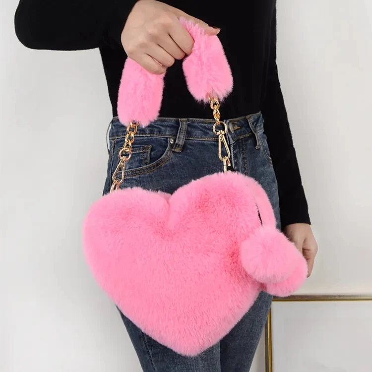 2023 Ladies Fashion Heart Shaped Fur Plush Handbags Fluffy Crossbody Bags Women Shoulder Bags Tote Bag Purse