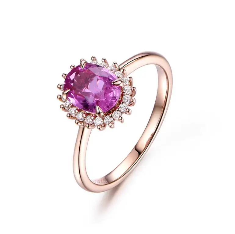 0.9 carat  pink color Sapphire ring 14K gold with CVD diamond support customized women ring