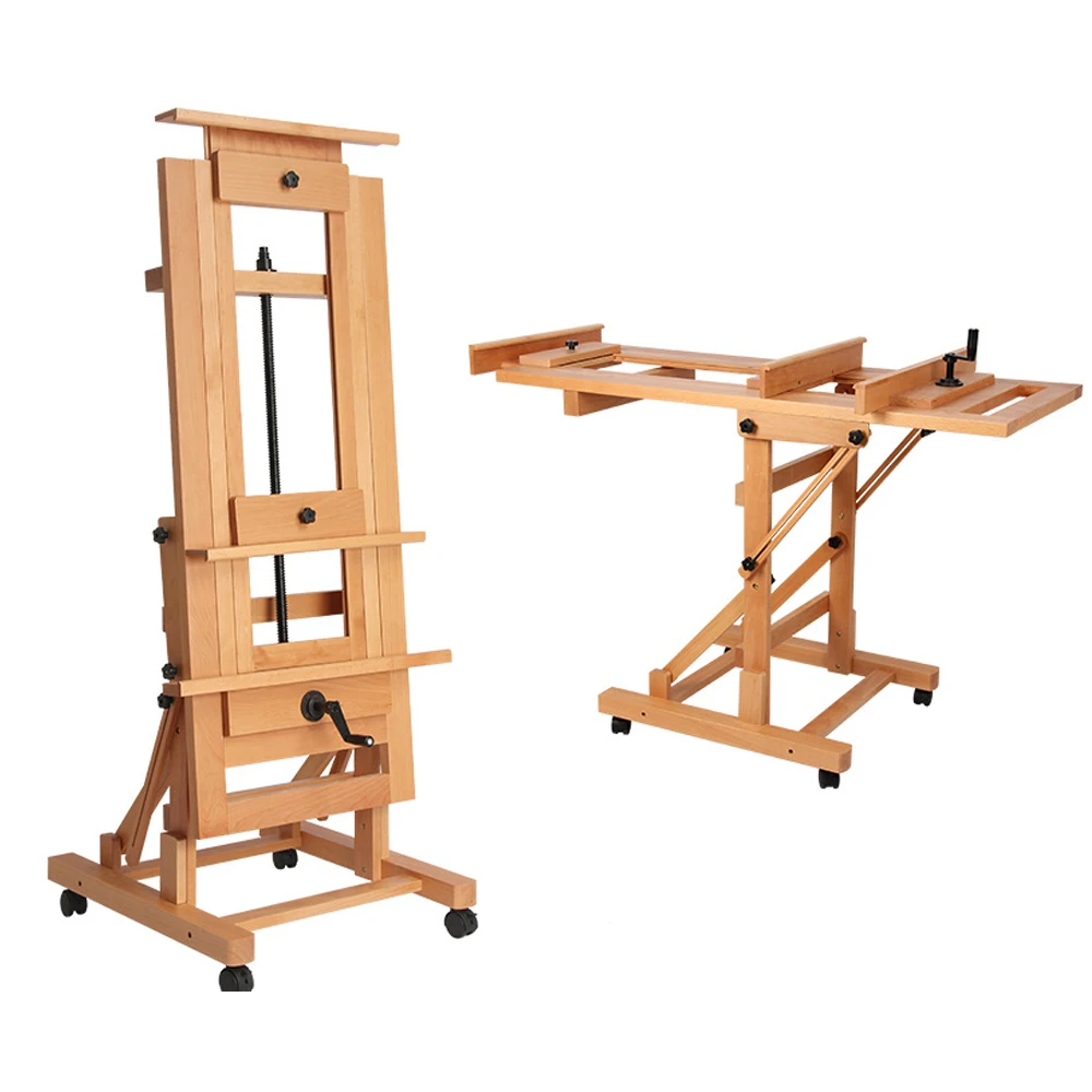 Large Professional Artist H-Frame Easel With Joystick Adjustable Height Beech Wood Floor Easel For Oil Painting