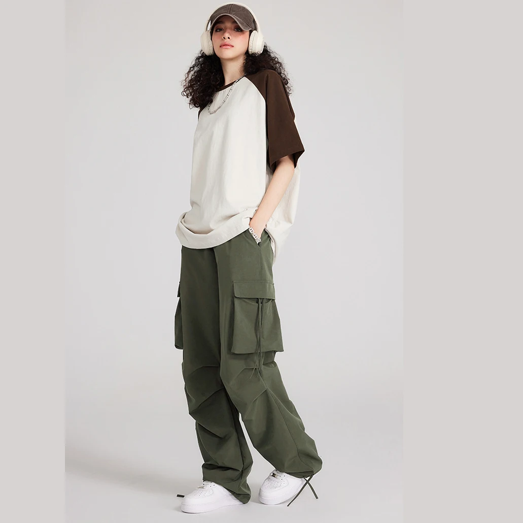 TS3067 Vintage Hip-Hop Wide Leg Large Pocket Overalls Trouser Women Girls Workout Pants Unisex Jogger Jazz Y2K Cargo Men