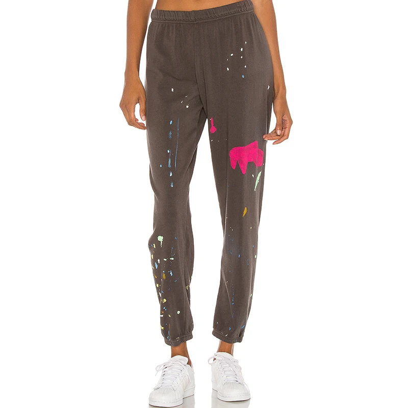 
New design 100% cotton elastic waist Paint splatter women brown track sweetpants 