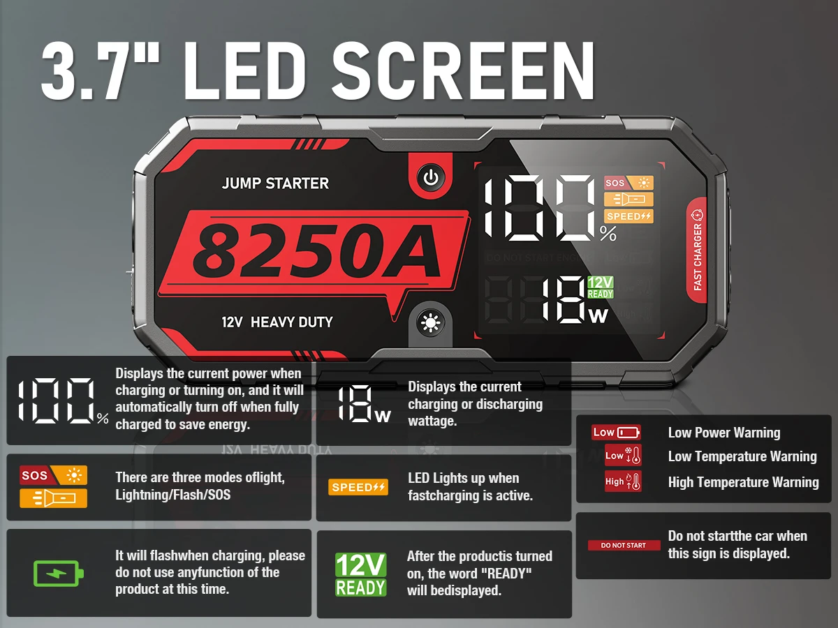 12V 8250A Portable Car Battery Booster Jump Starter Pack for Up to 12L Gas & 10L Diesel Engines with Jumper Cable