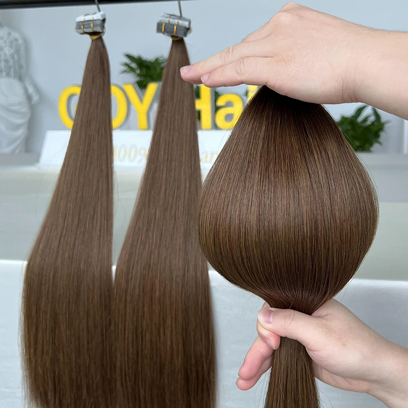 Tape in Raw Brazilian Hair Super Double Drawn Color #4 Chocolate Brown Bone Straight Extensions
