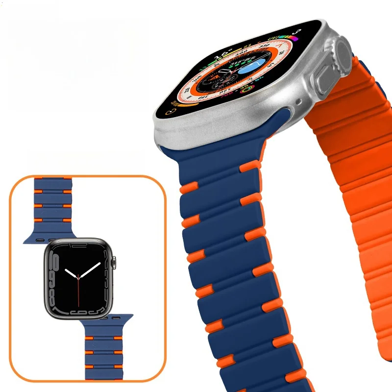 2024 силиконовый магнитный ремешок для Apple Watch Ultra 49 мм, Двухцветный силиконовый регулируемый ремешок для Apple Watch Series 9 8 7