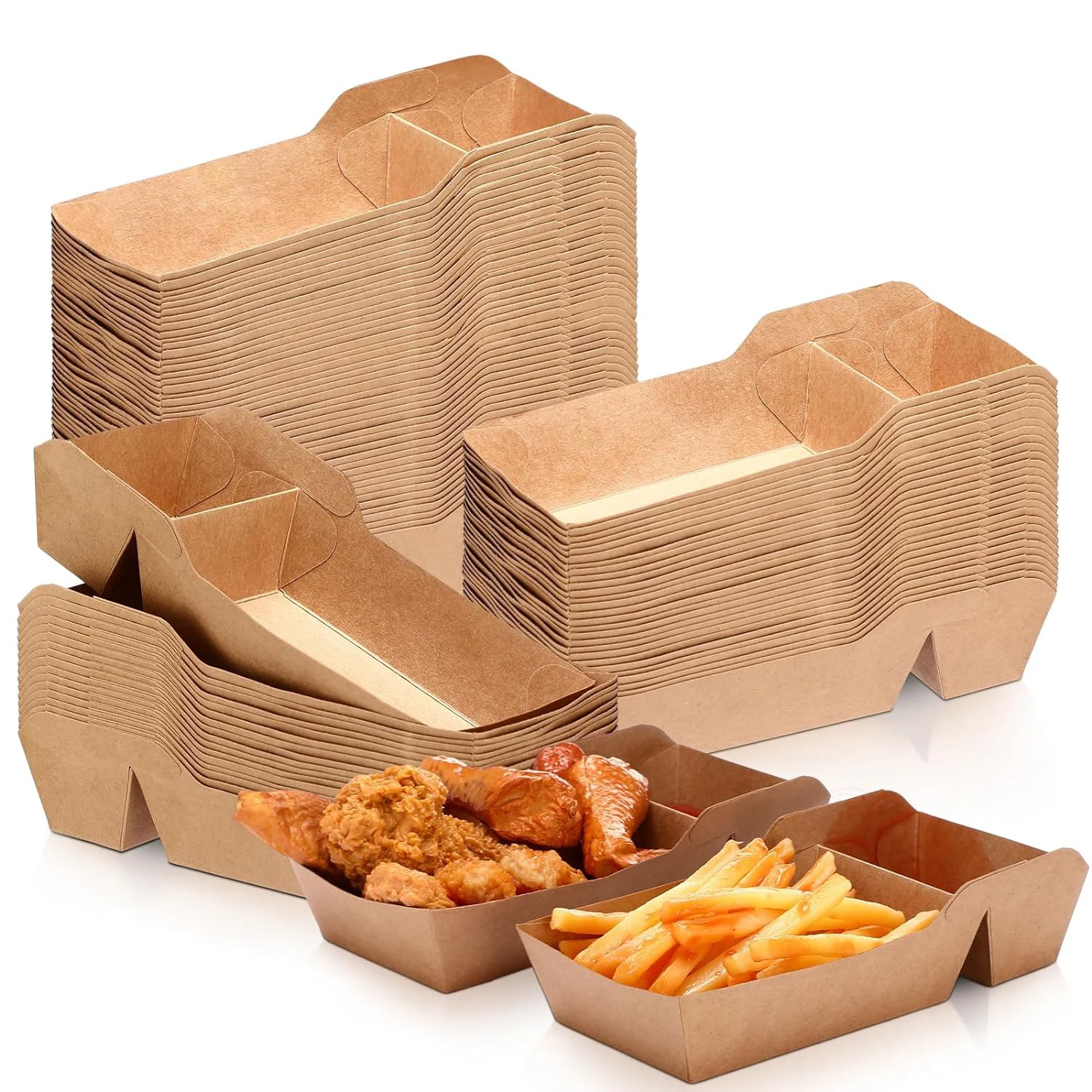 2 Compartments Chips Fries Onion Ring Fried ChickenSnack Boat Tray With Dip Ketchup Sauce Pocket