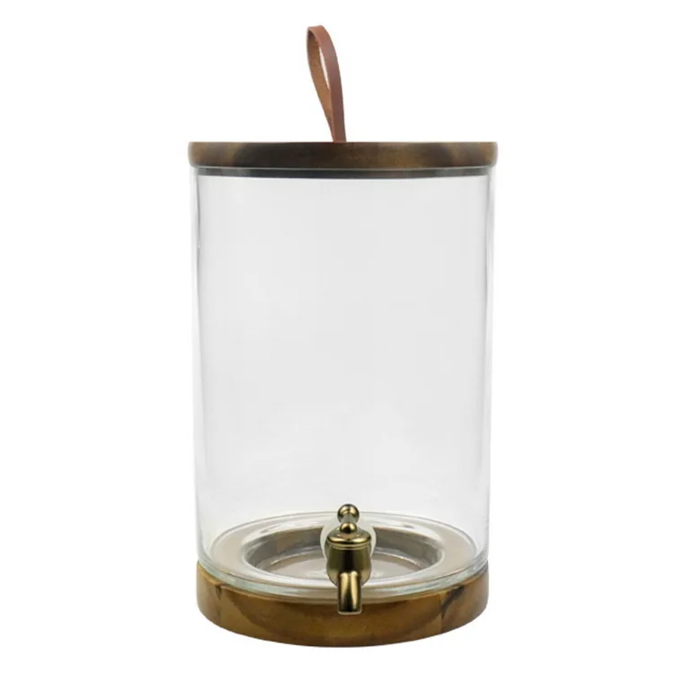 New Glass Beverage Drink Seal Dispensers Juicer Tabletop Fruit Juice Dispensers Water Jug with Tap Wood Lid