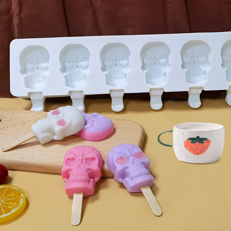 3D Diy skulls Popsicle ice cream silicone mold mould Six squares with cover and ice cream Household Home-made popsicle ice cream