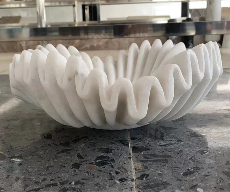 New Design Large Marble Stone Ruffle Bowl Marble Fruit Salad Bowl