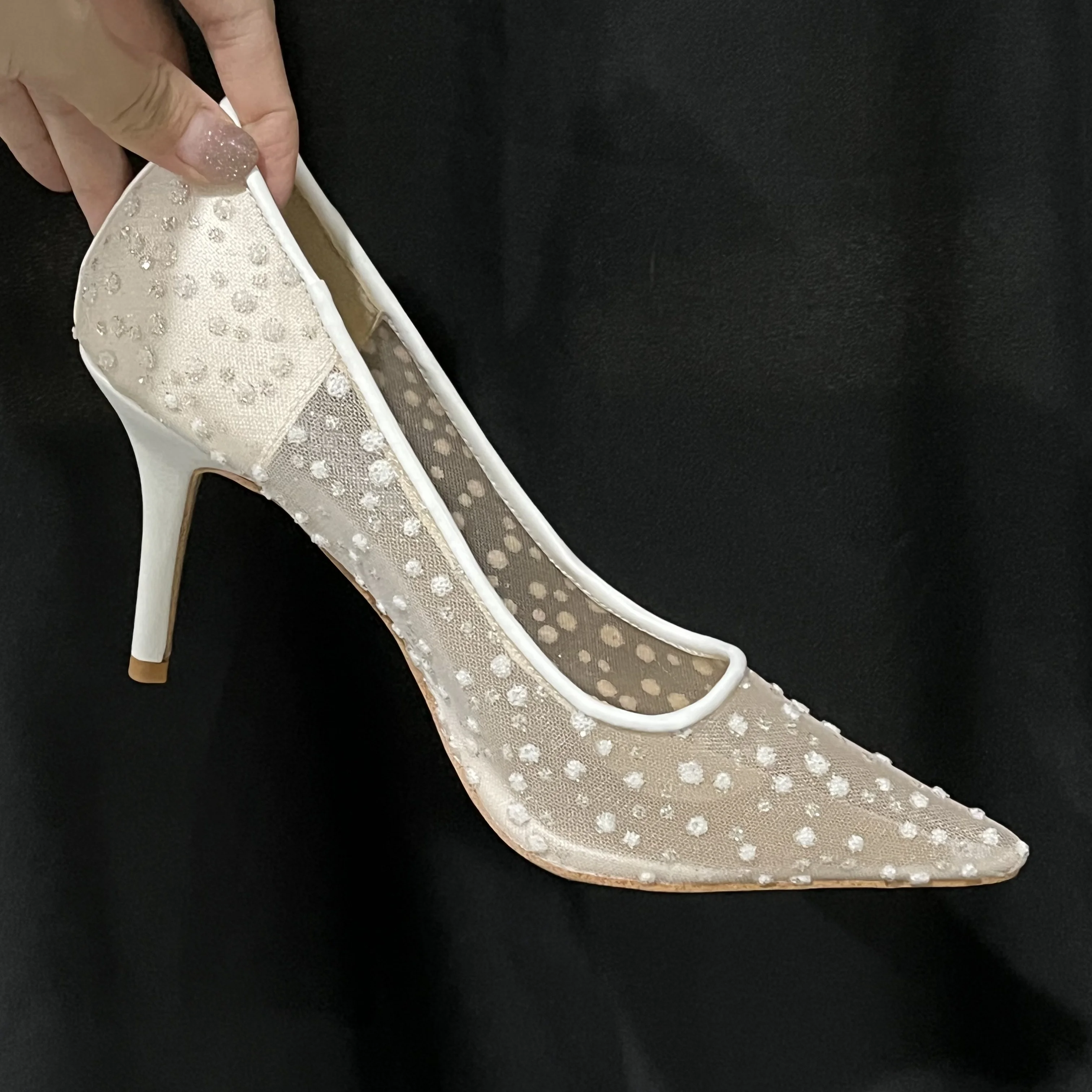 2024 new style wedding ladies shoes mesh glitter pointed toe white fancy marry thin heel pumps women marry shoes