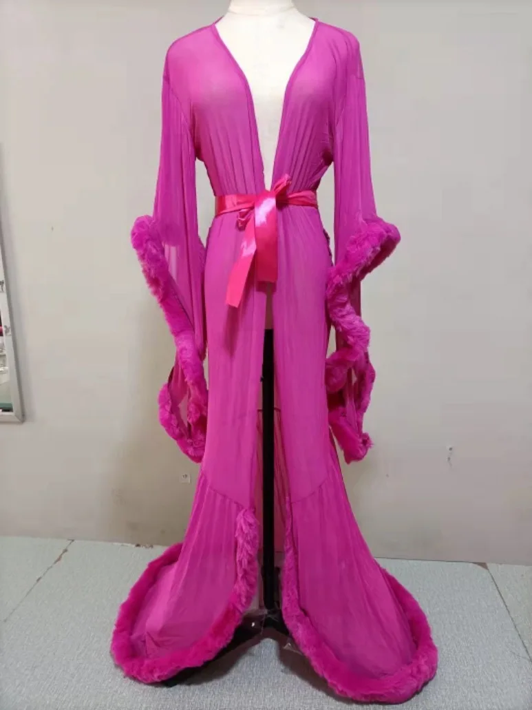 Sexy Deep V-neck Tulle Maternity Dresses Lace Hollow Horn Long-sleeved Feather Long Robe Nightgown Sleepwear Party Dress