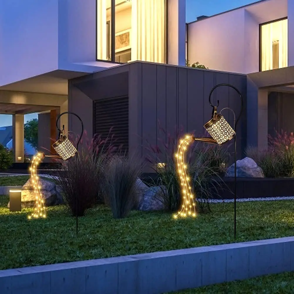 Solar Watering Can with Lights, Solar Lights Outdoor Decorative, Solar Waterfall Lights Waterproof, Metal Yard Art Decorations