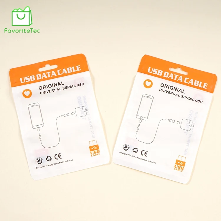 Custom Printed Transparent Plastic Zipper Bag Packing USB Cable With Hang Hole
